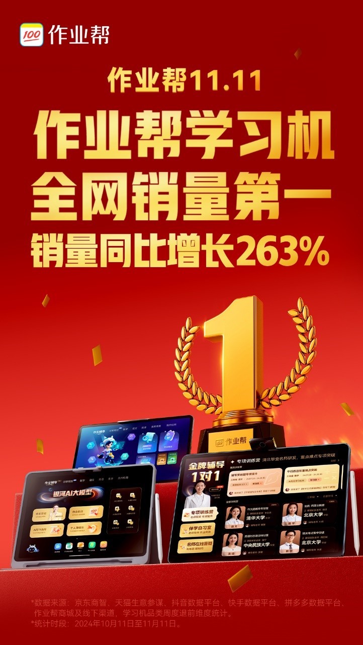 作业帮学习机“双11”销量同比增263% 领先优势持续扩大